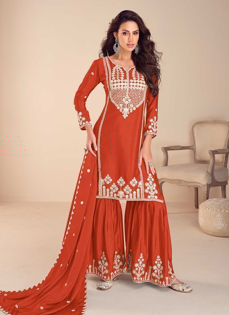 Orange Chinon Silk Embroidered Sequins With Stone And Beads Sharara Suit Festive Wear