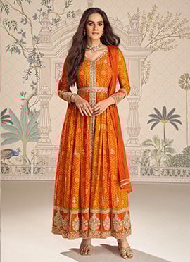 Orange Chinon Silk Embroidered Sequins Zari Bandhini Anarkali Suit