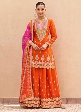 Orange Chinon Silk Embroidered Sequins Zari Palazzo Suit