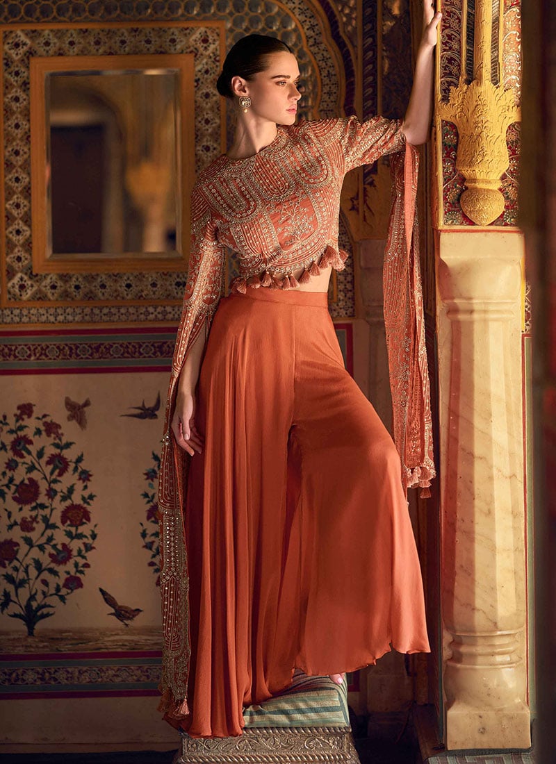 Orange Chinon Silk Embroidered Stone Sequins Indowestern Palazzo Suit Wedding Wear