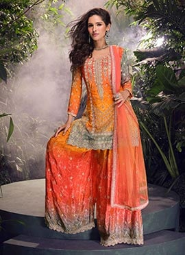 Orange Chinon Silk Embroidered Stones Sequins Stylish Palazzo Suit