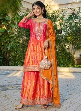 Orange Chinon Silk Floral Printed With Hand Embroidered Palazzo Suit
