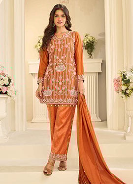 Orange Chinon Silk Jacquard Embroidered Sequins With Stone Work Straight Pant Suit