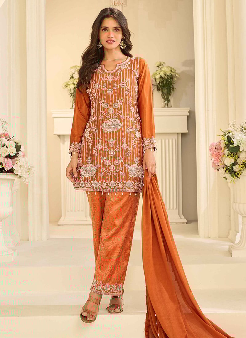 Orange Chinon Silk Jacquard Embroidered Sequins With Stone Work Straight Pant Suit Festive Wear