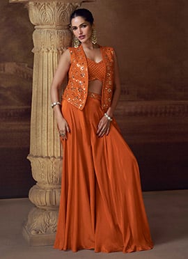 Orange Chinon Silk Mirror And Stone Work Indowestern Jacket Palazzo Set Wedding Wear