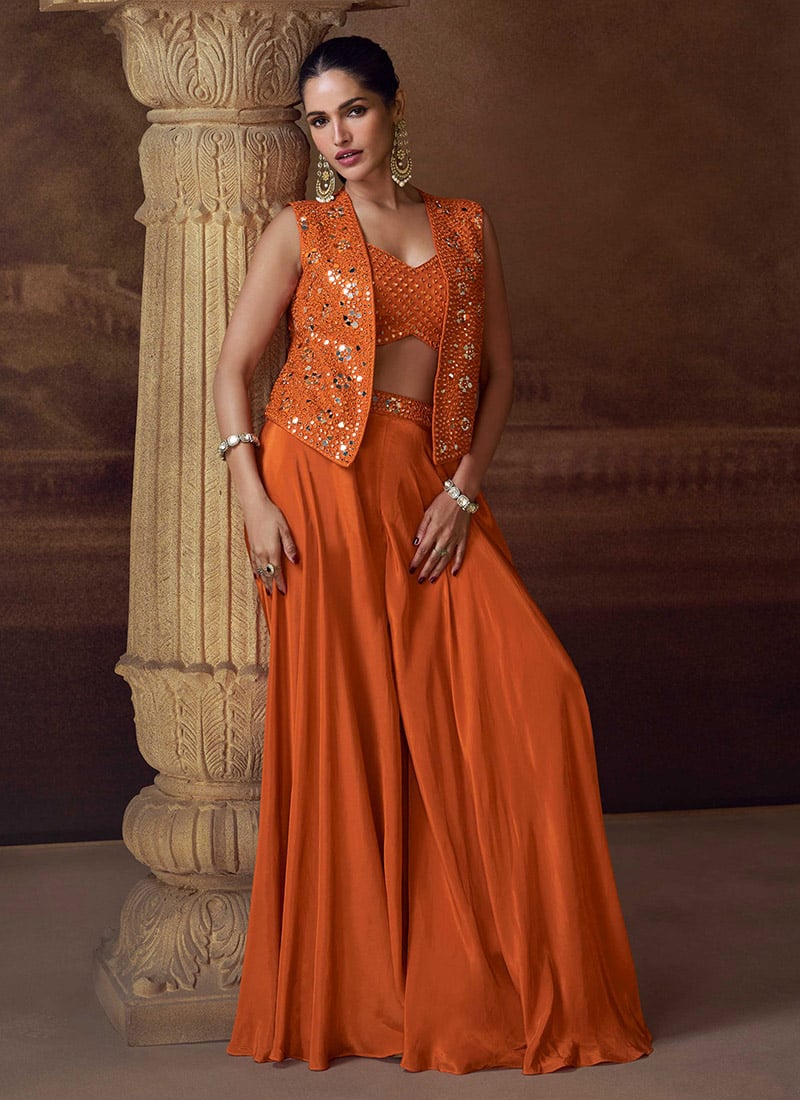 Orange Chinon Silk Mirror And Stone Work Indowestern Jacket Palazzo Set