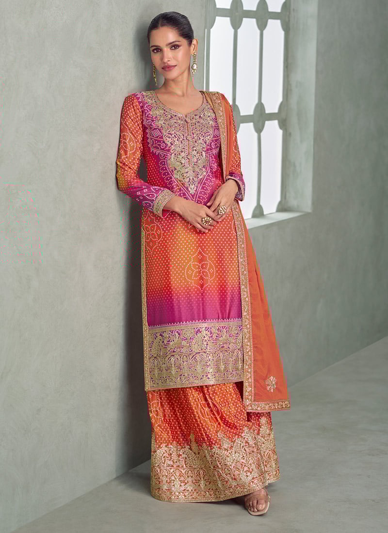 Orange Chinon Silk Zari Embroidered Sequins Bandhini Print Palazzo Suit Festive Wear