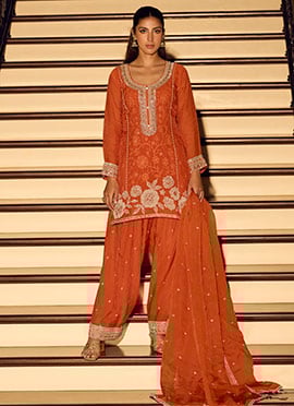 Orange Chinon Silk Zari Embroidered Sequins Beads Thread Salwar Suit