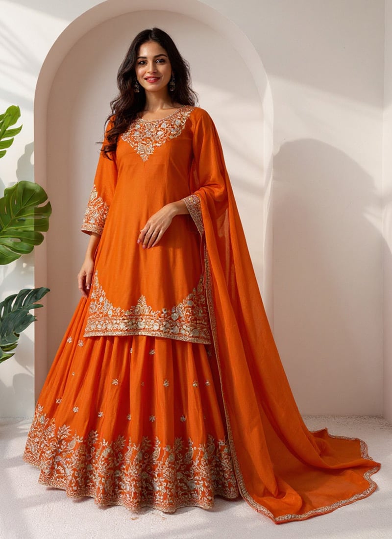 Orange Chinon Silk Zari Embroidered Sequins Long Choli Lehenga