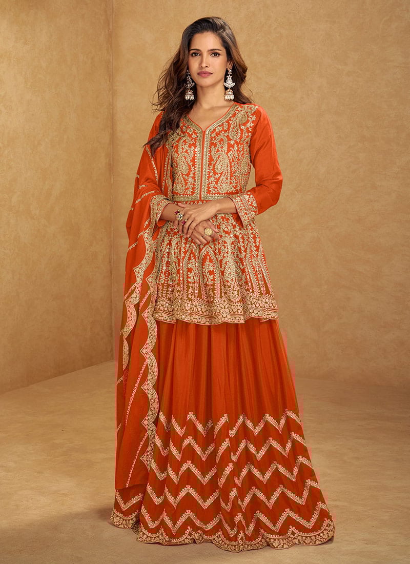 Orange Chinon Silk Zari Sequins Mirror Work Peplum Blouse With Long Choli Lehenga Wedding Wear