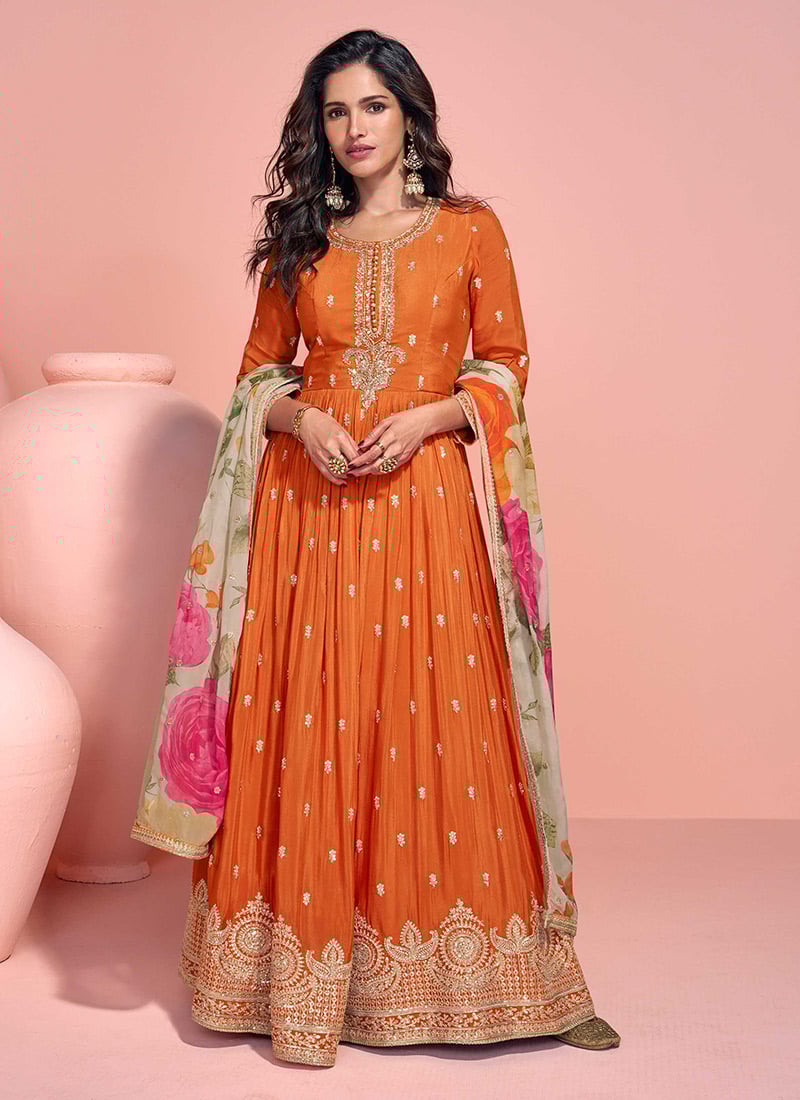 Orange Chinon Silk Zari Sequins With Beads Work Anarkali Suit With Printed Dupatta Festive Wear