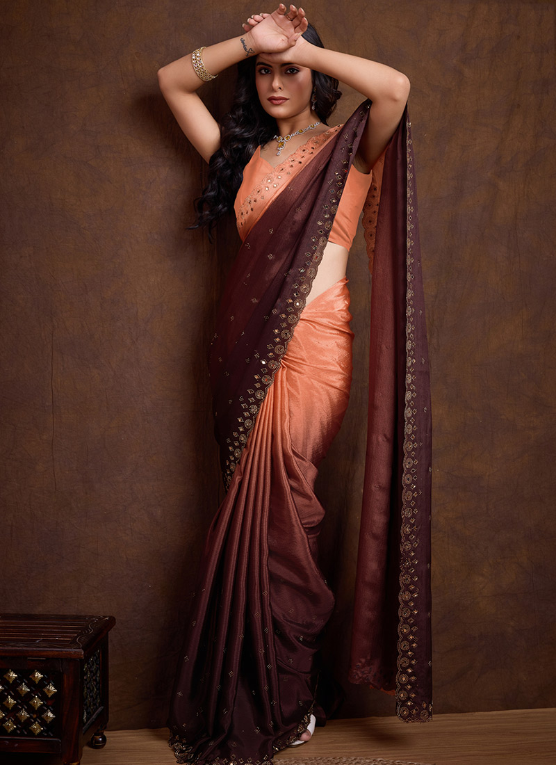 Orange Chinon Stone Embossed Saree Festive Wear-SASSE41004