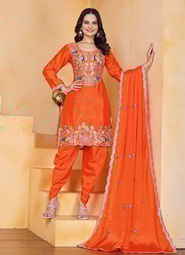 Orange Chinon Thread Coding Work Embroidered Dhoti Salwar Suit