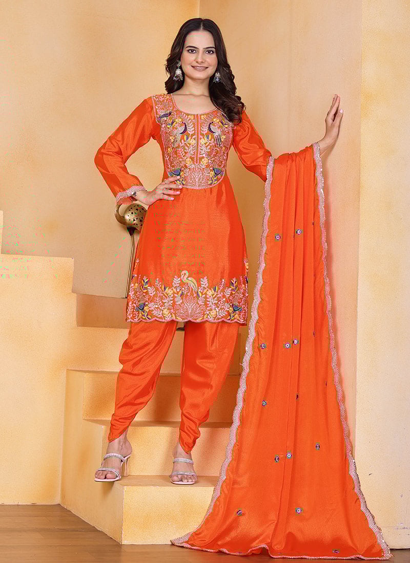 Orange Chinon Thread Coding Work Embroidered Dhoti Salwar Suit Festive Wear