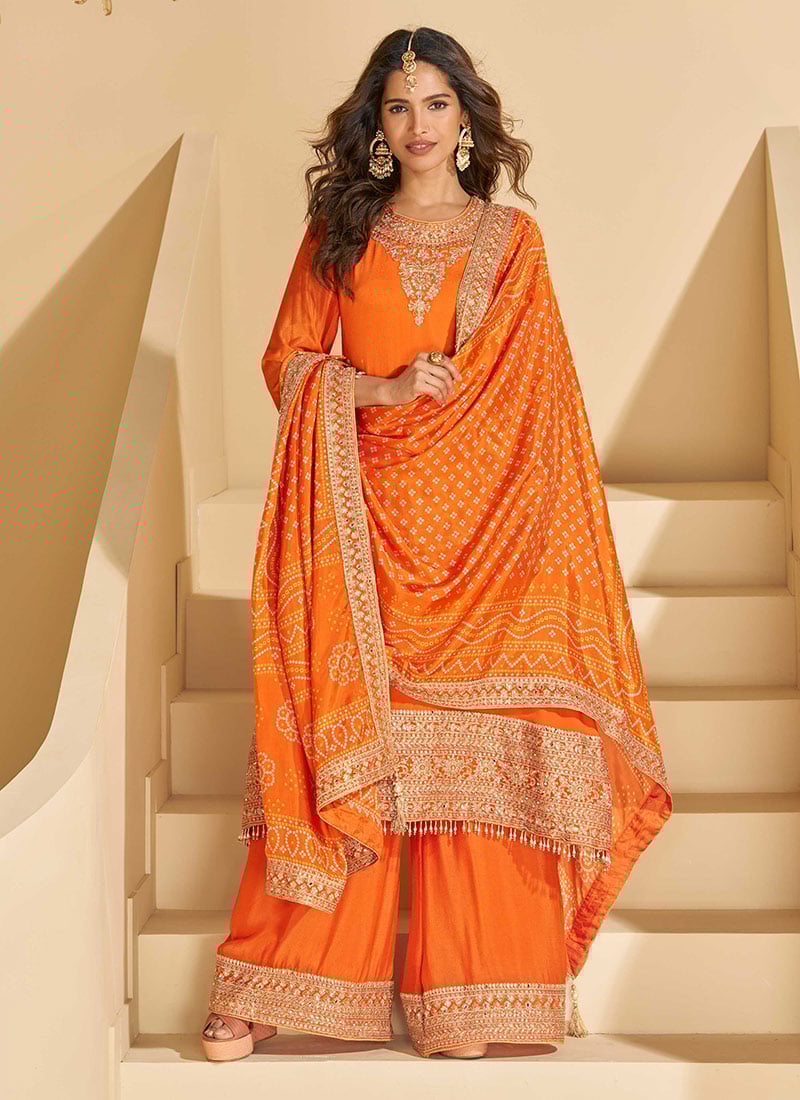 Orange Chinon Zari Embroidered A Line Palazzo Suit Festive Wear
