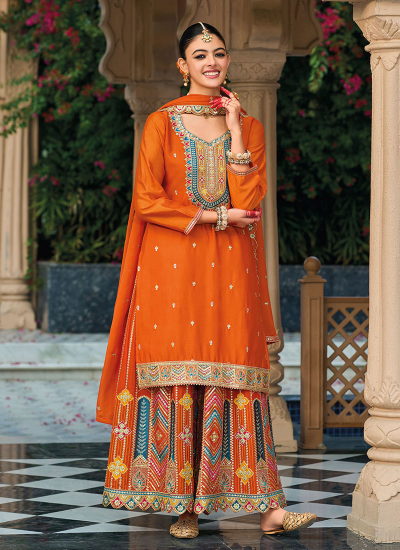 Orange Chinon Zari Embroidered Sequins Gorgeous Palazzo Suit Festive Wear
