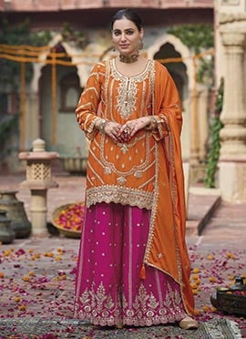 Orange Chinon Zari Embroidered Sequins Pakistani Palazzo Suit