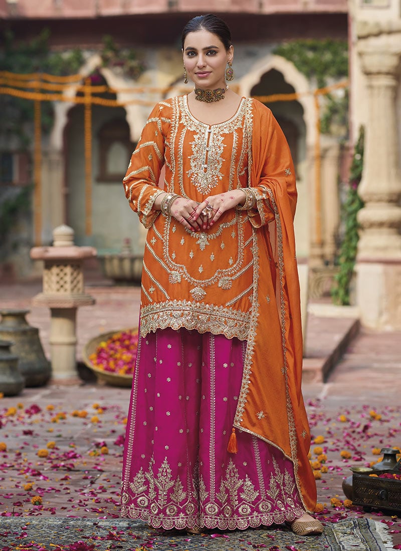 Orange Chinon Zari Embroidered Sequins Pakistani Palazzo Suit Festive Wear