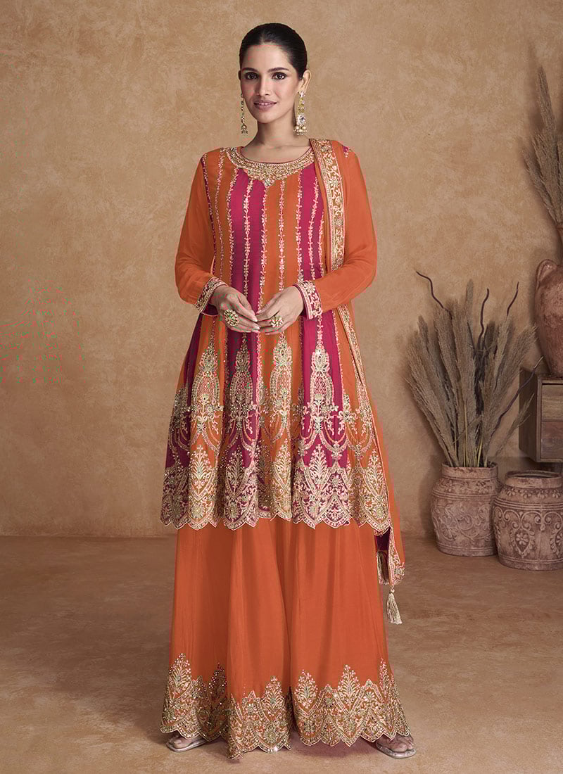 Orange Chinon Zari Embroidered Sequins Palazzo Suit