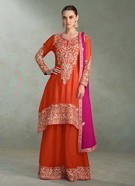 Orange Chinon Zari Embroidered Sequins Palazzo Suit