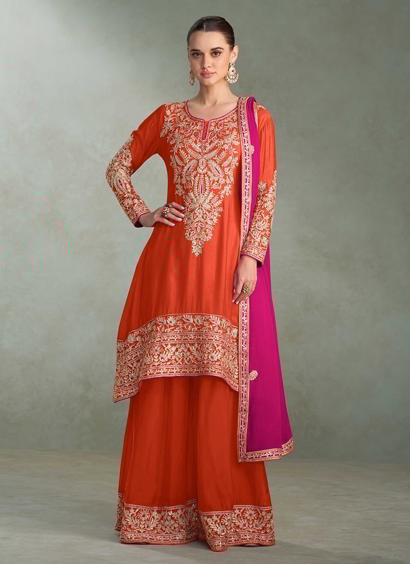 Orange Chinon Zari Embroidered Sequins Palazzo Suit Festive Wear