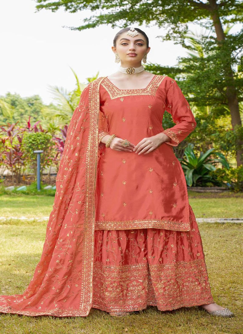Orange Chinon Zari Embroidered Sequins Sharara Suit Festive Wear