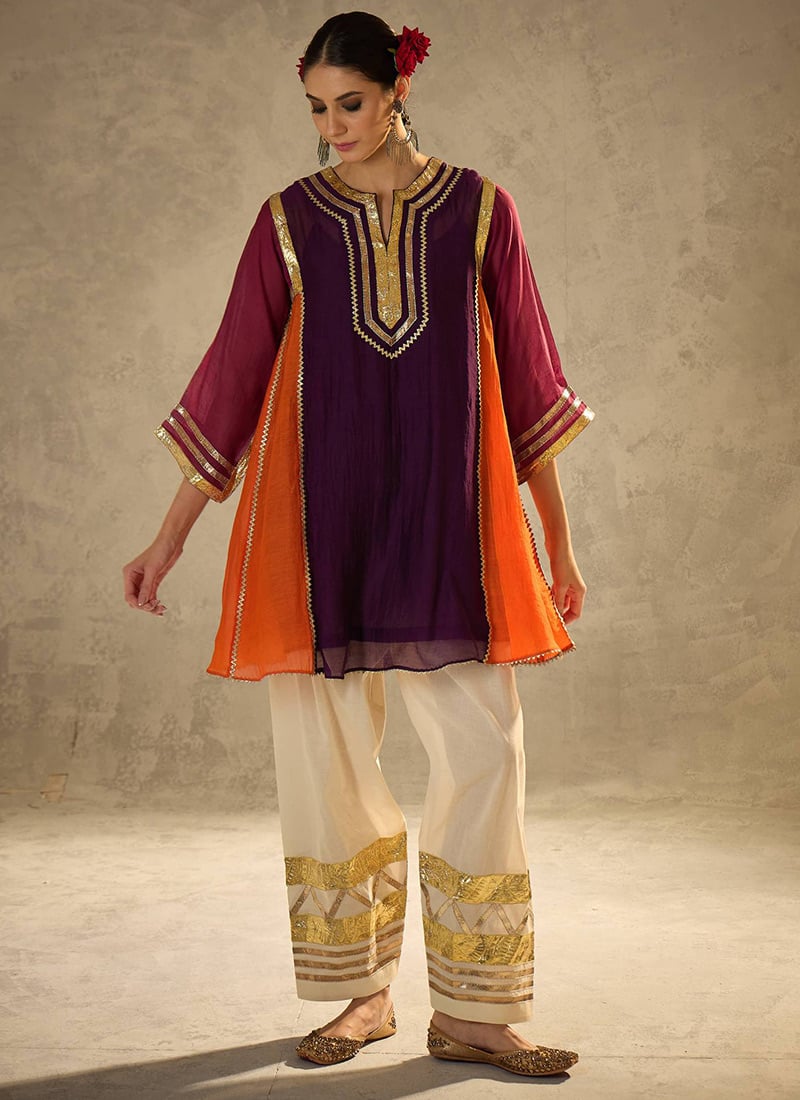 Orange Chinon Zari Work Farshi Style Salwar Suit After Six Wear
