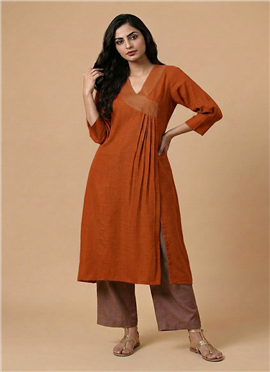 Orange Copper Glow Linen Cotton Kurta Set