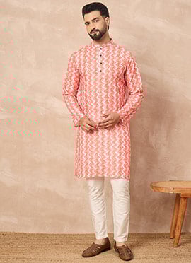 Orange Cotton Blend Printed Kurta Pyjama