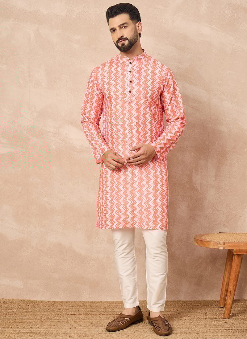 Orange Cotton Blend Printed Kurta Pyjama Festive Wear