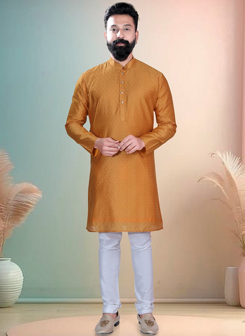 Orange Cotton Chanderi Butti Kurta Pyjama Festive Wear