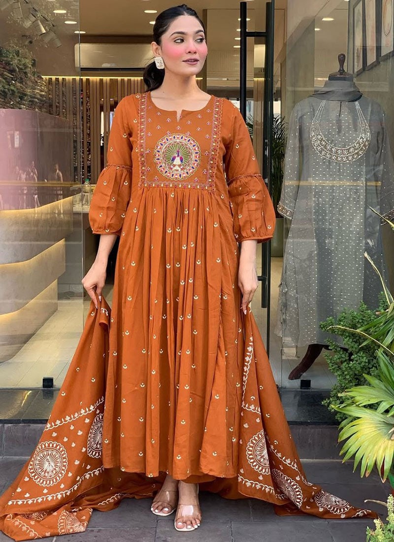 Orange Cotton Embroidered Anarkali Suit Festive Wear