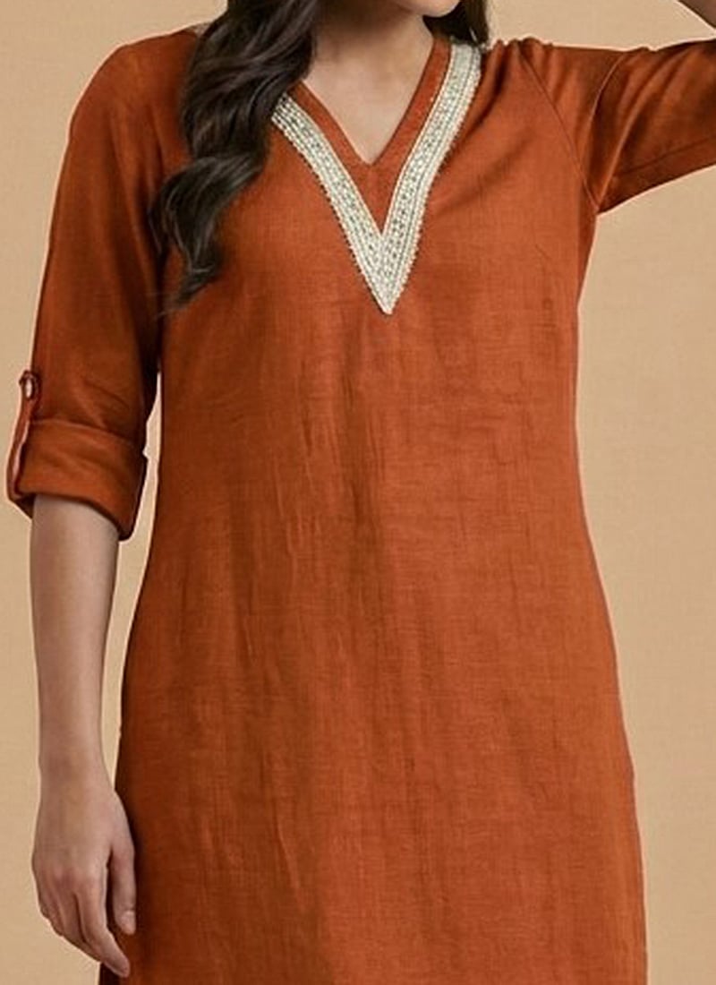 Orange Cotton Embroidered Fabric