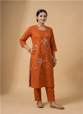 Orange Cotton Embroidered Kurta Set
