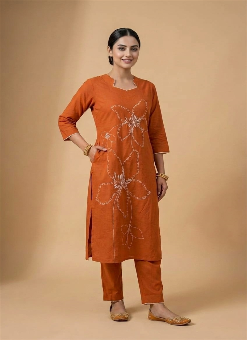 Orange Cotton Embroidered Kurta Set After Six Wear