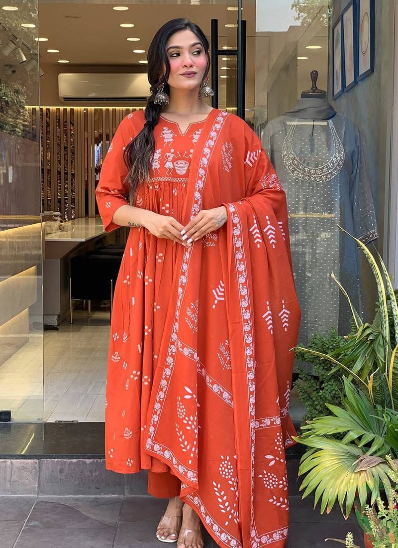 Orange Cotton Embroidered Printed Anarkali Suit After Six Wear