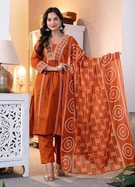 Orange Cotton Embroidered Printed Straight Pant Suit