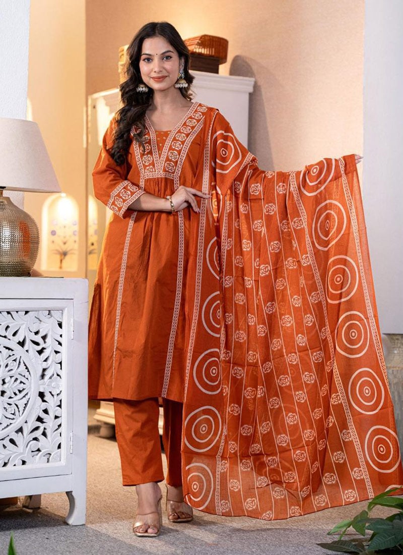 Orange Cotton Embroidered Printed Straight Pant Suit After Six Wear