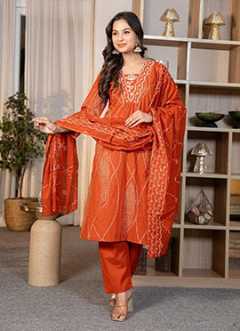 Orange Cotton Embroidered Printed Straight Pant Suit