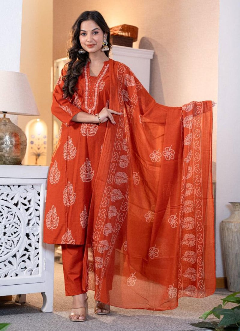 Orange Cotton Embroidered Printed Straight Pant Suit After Six Wear