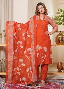 Orange Cotton Embroidered Printed Straight Pant Suit