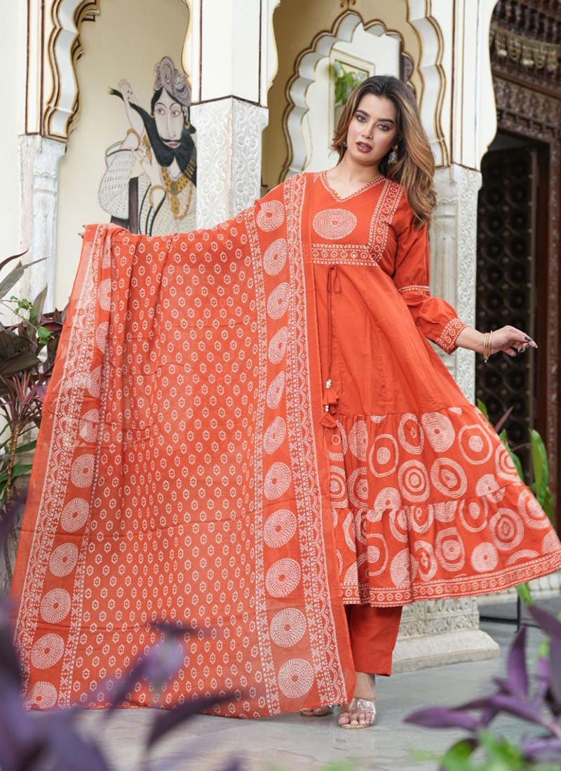 Orange Cotton Embroidered Printed Straight Pant Suit After Six Wear