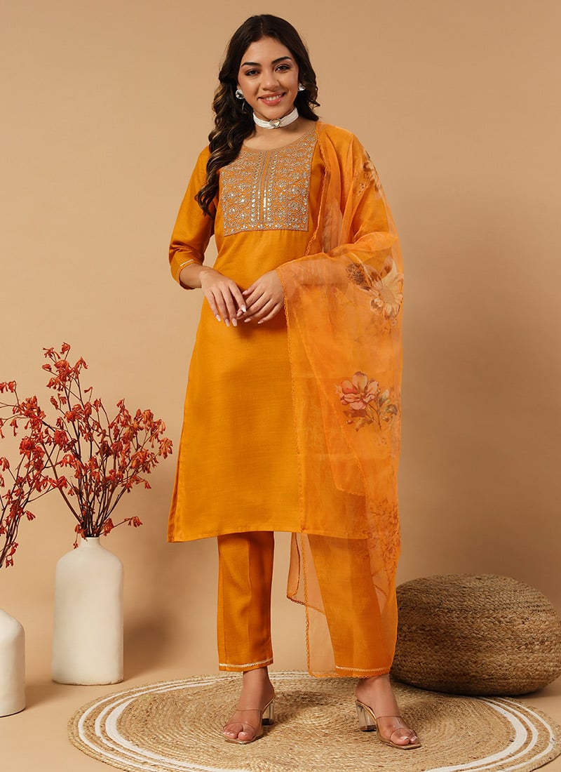 Orange Cotton Embroidered Sequins Straight Pant Suit With Digital Print Dupatta After Six Wear