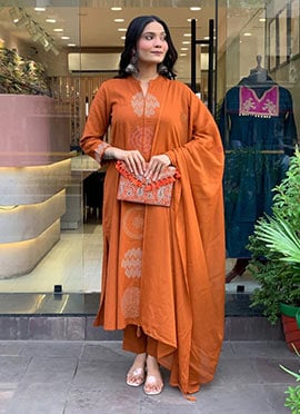 Orange Cotton Embroidered Straight Pant Suit