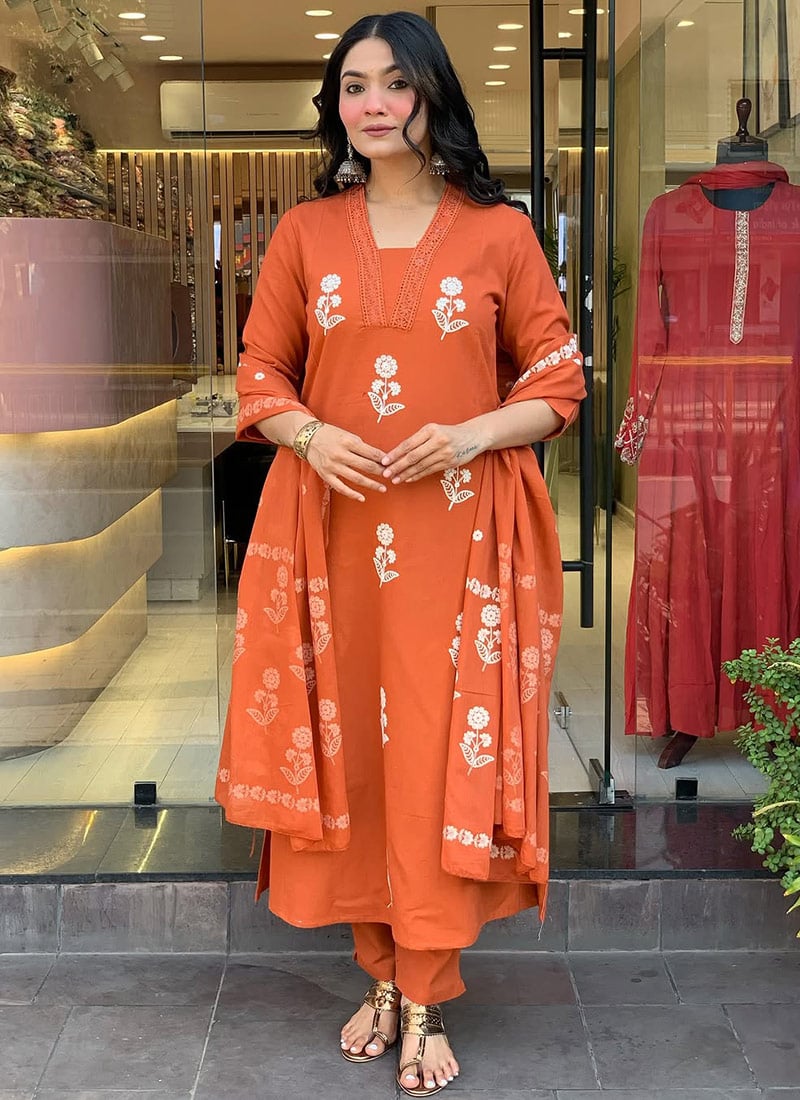 Orange Cotton Embroidered Straight Pant Suit Festive Wear
