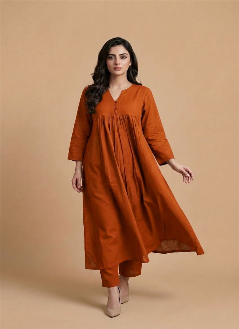 Orange Cotton Kurta Set After Six Wear