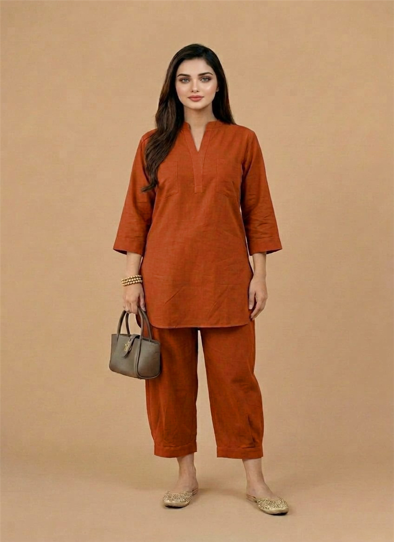 Orange Cotton Kurta Set After Six Wear
