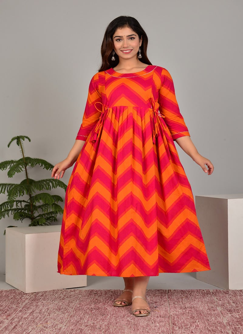 Orange Cotton Printed Dress After Six Wear