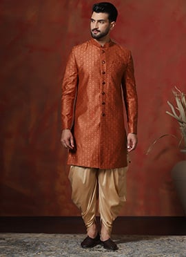 Orange Cotton Printed Elegant Indowestern Sherwani Set