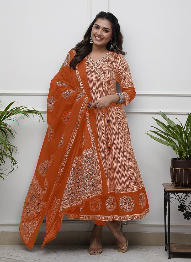 Orange Cotton Printed Embroidered Angarkha Style Straight Pant Suit Festive Wear